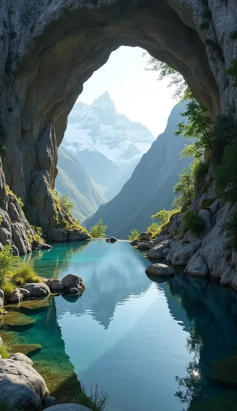 A (masterpiece:1.3), (best quality:1.3), hyper-realistic drone captured image of tranquil water pool situated under a massive natural stone arch in a remote mountain valley. The arch frames the pool perfectly, with cascading vines and patches of moss addin...