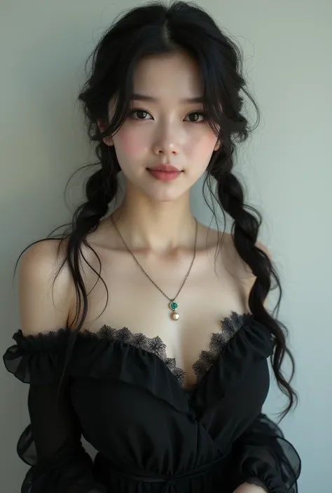  One Woman , Beauty, smile, black gorgeous long dress ,  black hair long twin tails, Droopy eyes, Pale skin