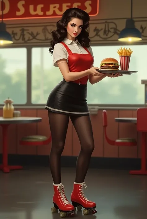 Create a photo realistic retro vintage teenage waitress with dark brown curly hair, with dark brown eyes, holding a tray with burger and fries, dressed in red and white skates, tight mini-dress and black pantyhose, with a cool pose, 50s retro vintage style...