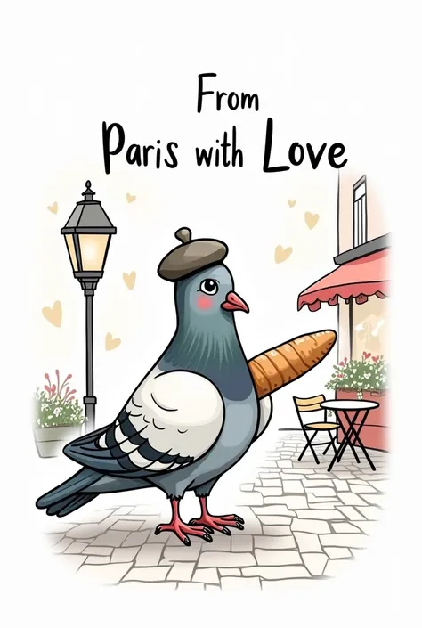 Illustration in a playful, hand-drawn style similar to a shop window display. Features a whimsical pigeon with charming details, such as a small beret on its head and a baguette tucked under one wing. Place the pigeon standing on a Parisian cobblestone str...