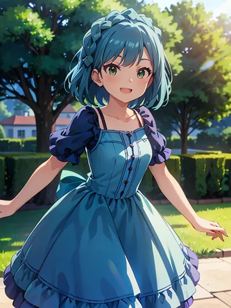 ( RAW photo,  best quality), ( anime-like : 1.2), Green round eyes,  blue dress , A cheerful smile, sing, ( leaning against a tree),  background blur, Shallow depth of field,  professional lighting,  photon mapping ,  Physically Based Rendering,