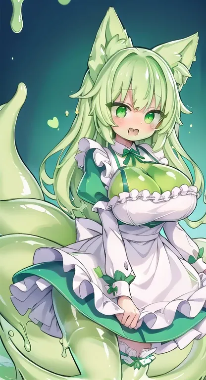 Cute slime girl, ((light green Slime)), Large breasts, Fox ears, Fluffy fox tail, Amber Eyes, cute fangs, Upper Teeth, Large breasts, (maid clothes), (light green skin:1.3), cute face, close-up, Upright , big breasts, whole body, Floating hearts, in the ga...