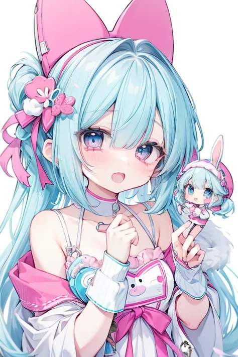 beautifulface、whitebackground、pink、light blue、whitelolita、bunny ear、chibi、openmouth、1girl