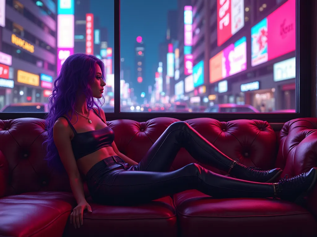 digital painting ,  large cyberpunk city bar sofa ,  busty cyberpunk girl sitting on the couch ，wearing purple tight leather pan...