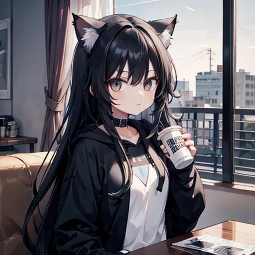  1 girl,  black hoodie , Long Hair,  Facial beauty, nice, Blackmail,  black hair,  DRINK COFFEE ,  window , Cat Girl,   anime girl , big chest