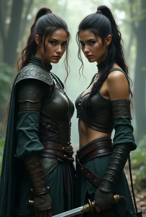 masterpiece,  best quality,  high detail ,  anatomically correct,  realism,  portrait photography,  Female Warriors with Swords, 2 Female Adventurers ,  looking at me,  fantasy world