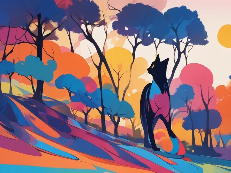 Super nice background，clean background，abstract painting，Vibrant colors，a cat，under the sun，trees