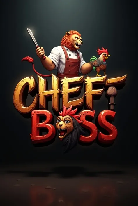 
3D text logo reads “chef boss” at the bottom with a gaming-themed lion mascot at the bottom with a gaming-themed rooster mascot