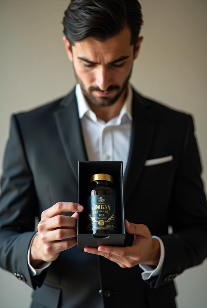 I wanna creat a photo of  a Handsome Man of age 29 in  black suite unboxing a box of oil bottle on oil bottle there is written Omega Vital Fish Oil on oil bottle lable fish logo is shown with beautiful Box in HD , 4K Result