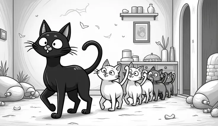 Cartoon  black and white  haired cat leading other cats inside a animal shelter 