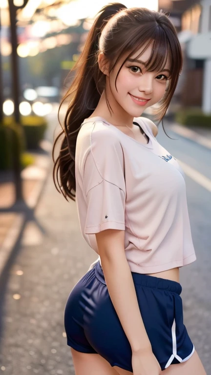 a beautiful 18 years old girl wearing sport clothes, standing in front of her big house, shes rich girl, shes smiling, her smile is so cute, shes cute and sexy, her body is so athletic and slim, she want to jogging in this morning,perfect body ratio, ponyt...