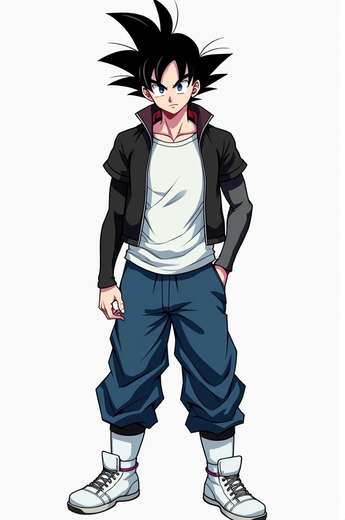 Generates a teenage male, white skin, with black hair raised in spike with a little falling lock like Son Gohan. He has dark blue eyes. He wears a white t-shirt and over it a black jacket, blue pants and white sneakers. His right arm is entirely ash black ...