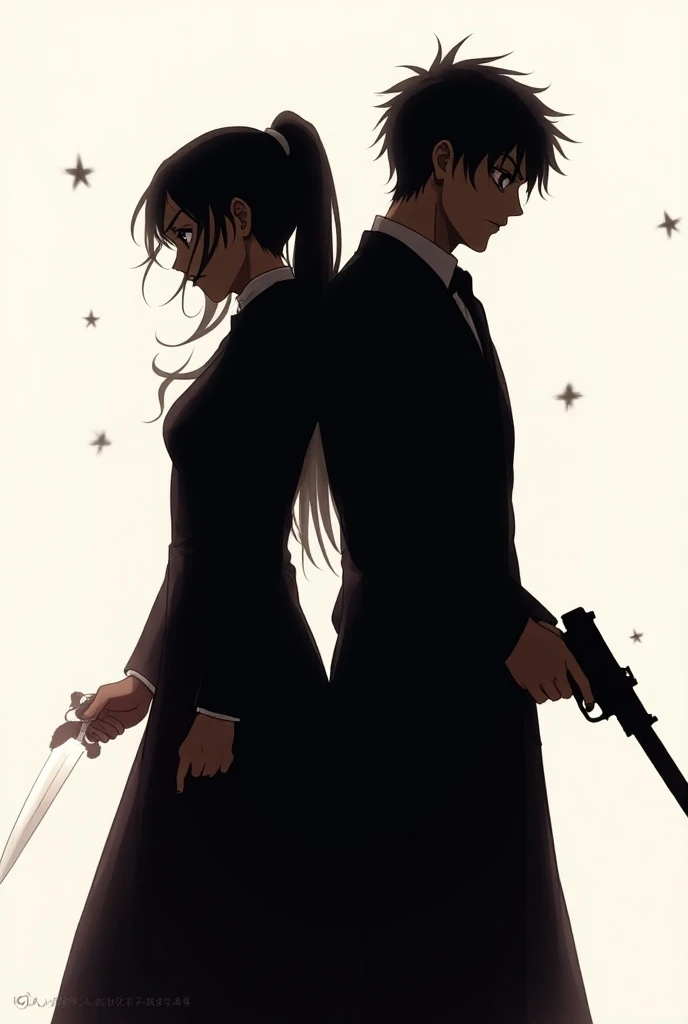 Book Cover Art.
Title: Hearts and Gunfires
Author name: ThievesOfTheLand
Show book title and author name.
Art should be silhouette of woman and man with their backs against each other.
Woman should hold a gun, man should hold a dagger.
Art style should be ...