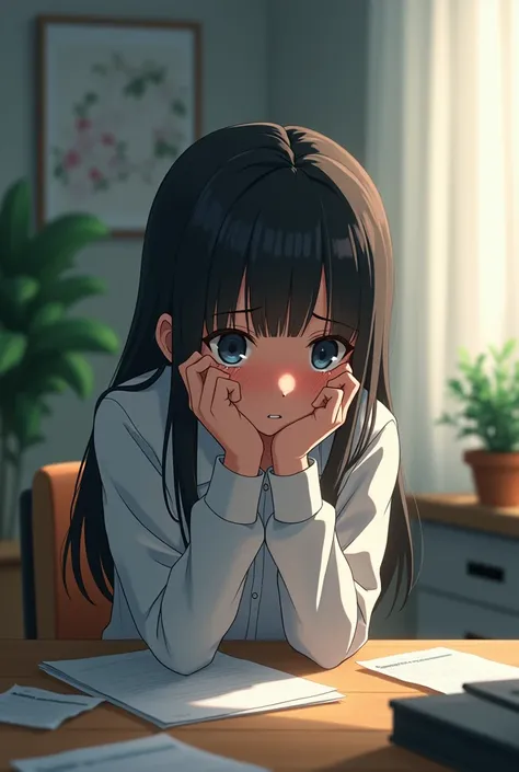 Anime girl crying at her desk