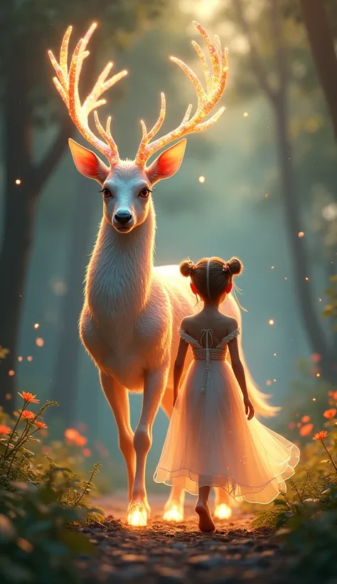 A young elf girl with a delicate human-like face and elegant pointed ears, her hair styled into two playful, twisted buns adorned with tiny, glowing crystals. She walks gracefully alongside a majestic, magical deer-like creature with a body covered in shim...