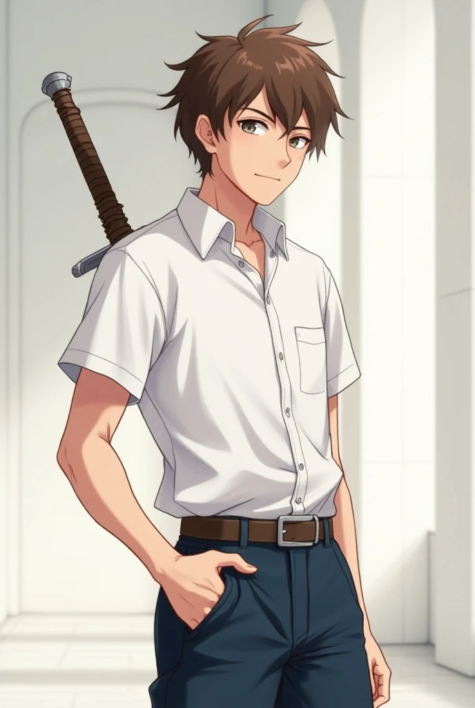  Make me a picture of a character named ryven , brown hair ,  not too tall ,  his guy is a sword wielding genius but often jokes , Her skin is white,  portray him in anime style using a white academy shirt