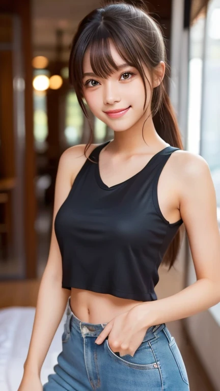 a beautiful 18 years old girl wearing black tank top and hot pants, standing on her room, shes rich girl, shes smiling, her smile is so cute, shes cute and sexy, her body is so athletic and slim, she want to jogging in this morning,perfect body ratio, pony...