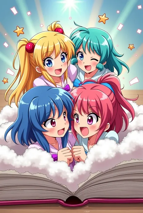 An anime-style comic depicting many princesses playfully wrestling with each other inside a book comical fight cloud.
each princess has different  colored hair.
their faces,hands,and feet are visible emerging from the cloud as they tussle humorously,  with...