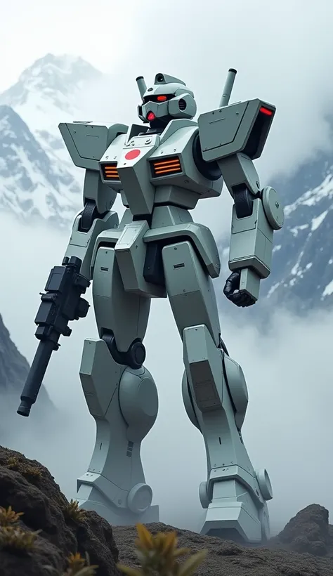 A humanoid battle robot with advanced laser weapons and a small Japanese flag on its chest, stationed in a misty mountainous region.