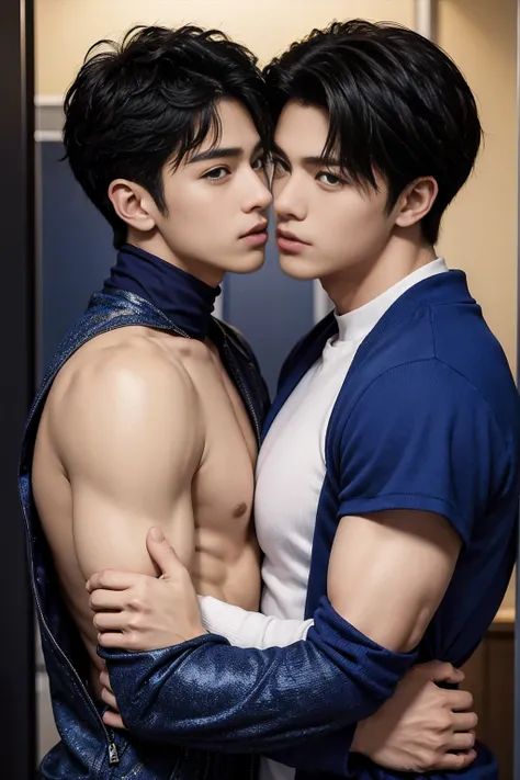 ((masterpiece)),(( Best Quality )),【8k, high detail, Very detailed, very manly，3 men, [picture，fashion pose,  Real Skin Texture , soft,
Sapphire blue couple