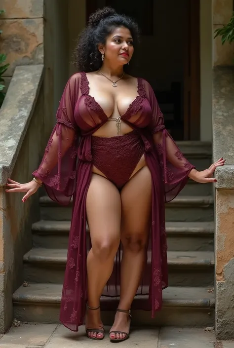 A mature chubby Sri Lankan woman in her 50s with curly hair swept up in an elegant bun, wearing a burgundy see-through front opened big flashing breasts revealing slipped from her shoulder exposed body short thigh-high kimono with matching high heels. She ...