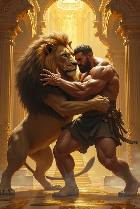 muscular man killing lion in a place with golden decorations