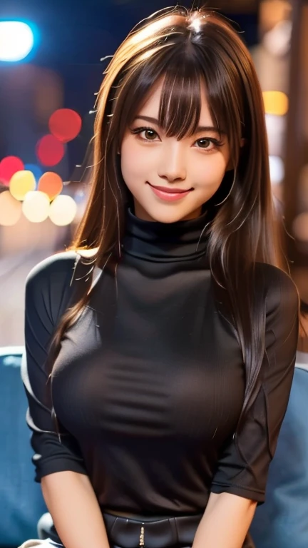 a beautiful 18 years old girl wearing black turtleneck t-shirt, sit on sofa, shes rich girl, expensive sofa, elegant, shes smiling, her smile is so cute, shes cute and sexy, her body is so athletic and slim, she want to jogging in this morning,perfect body...