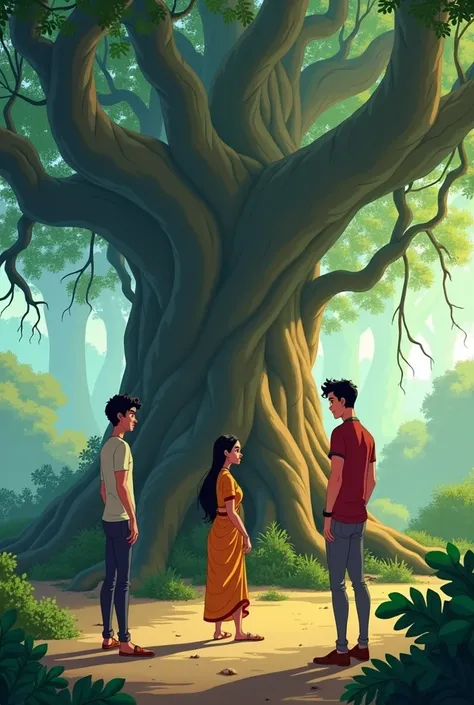 MEENA ASKED HER TWO MALE FRIEND ,SHE SAYS TO THEM TO GO INFRONT THE BANYAN TREETHAT WAS A MYSTRY TREE FOR AN ANIMATED VIDEO