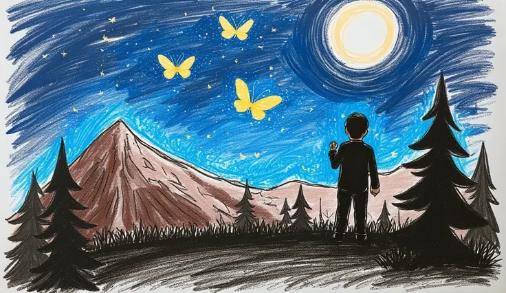 skyline silhouette ,  silhouette of a man alone ,  man stargazing at the top of a mountainous region at night, 2D, landscape, man in the center of the image, butterflies of lights 