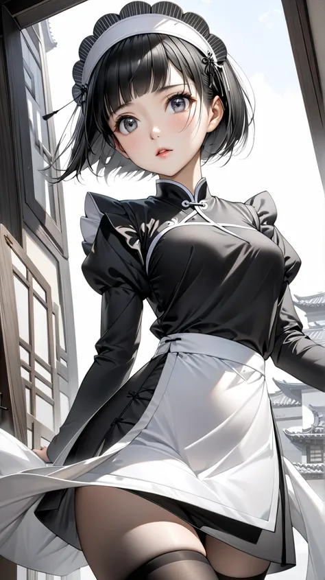 solo。 realistic drawing。High image quality。 High Quality 。 Digital Painting 。

 black hair、( pixie cut)。
 slender。Small breasts。adult。

 black and gray gradation eyes。
Squint your eyes。

Chinese dress style housekeeper。
Black clothes。 Puff Sleeves 。
 apron...