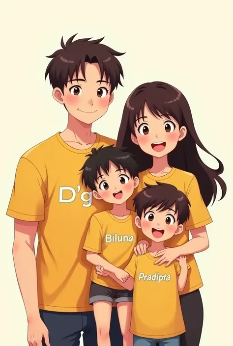  Anime Little family with uniform happy smile wears yellow shirt ,
 husband mamakai shirt with name Dgelz,
wife shirt with name Gudrielz ,
anak perempuan baju bertuliskan  nama biluna
anak cowok baju bertuliskan nama pradipta