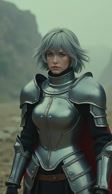 still frame from a 1980s vintage anime, (old anime style) , woman in knight armor, grey short hair, (VHS quality) , dramatic, dynamic, dull colors, miadzaki style