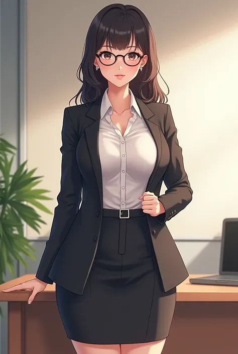 Tall, curvy body, mature, white, anime office woman with glasses.
