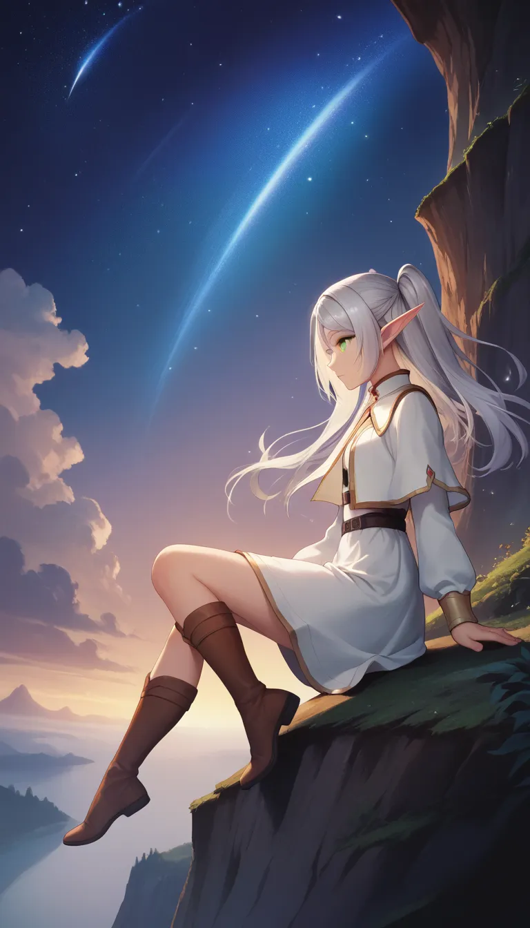 (((twintail silver-haired elf girl sitting on the edge of a cliff 1.9))), beautiful glossy hair ,white clothing, sitting on the ...