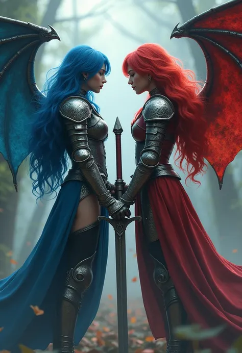 2 girls in armor with long sword, Blue and red hair fight against devils with, Dragon-like wings hinder clouds and forest, UHD, masterpiece, anatomically correct, high details, super detail, textured skin, best quality, 8k