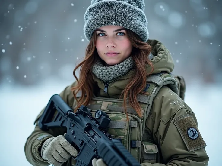 A beautiful brunette soldier girl, wearing winter camo military gear, camo plate carrier rig, combat gloves, AR-15, during a snow storm, beautiful, moody lighting, best quality, full body portrait, real picture, intricate details, depth of field, in a cold...