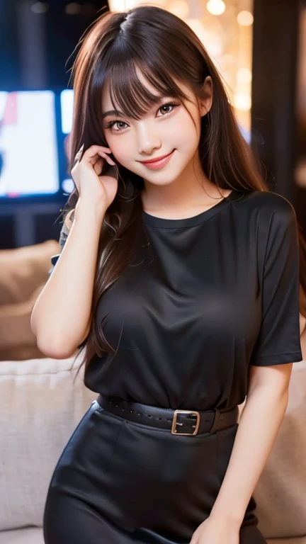 a beautiful 18 years old girl wearing black dress, standing in living room, shes rich girl, expensive sofa, elegant, shes smiling, her smile is so cute, shes cute and gorgeous, her body is so athletic and slim, she has smiling eyes, chubby cheeks,perfect b...