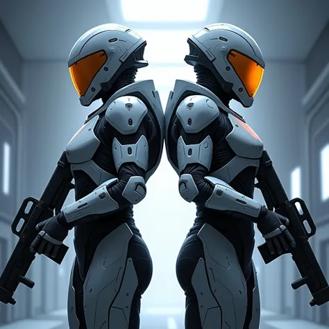  anime style . Two identical space soldiers , com armadura mass effect,  Using a rifle , both in an attack position with their backs to each other.