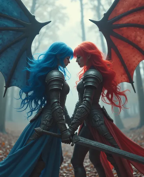 2 girls in armor with long sword, Blue and red hair fight against devils with, Dragon-like wings hinder clouds and forest, UHD, masterpiece, anatomically correct, high details, super detail, textured skin, best quality, 8k