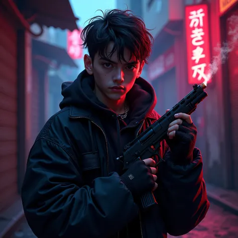 18 years old boy gangster holding a gun and cigarettes wearing black and with neon white font
