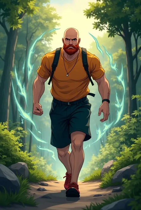  A bald man of 39 with a short beard and a short red mustache, focused on your path, high,  sportswear,  surrounded by ki .  Walking at dawn with a forest behind him. anime-style drawing 