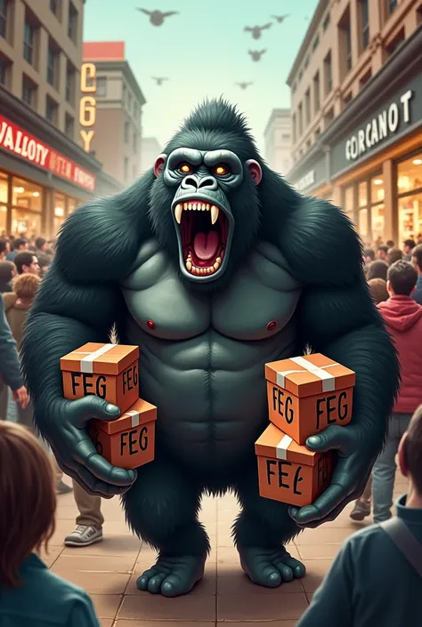 Black Friday start time
A gorilla is shouting in the middle of the crowd selling boxes full of prizes with the word Feg written on them.