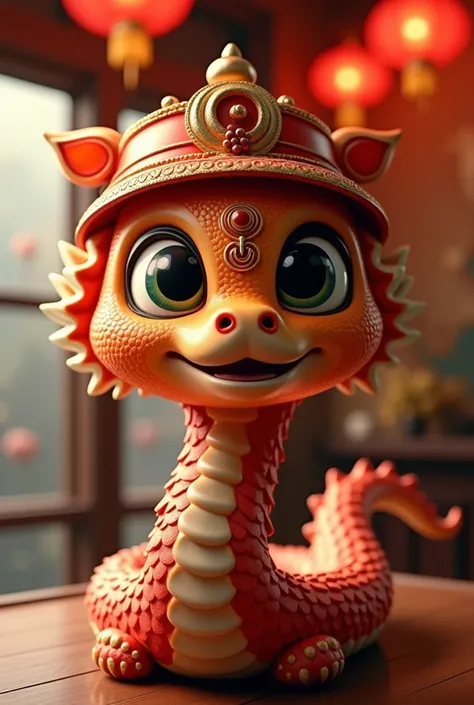  The image is a stylized 、 ，It features an anthropomorphic snake statue adorned with traditional Chinese elements 。 It has large, expressive eyes ， wearing a hat similar to the head of a lion dance costume ， This is very common in Chinese New Year celebrat...