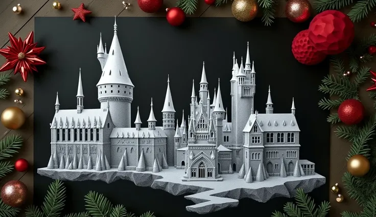 Background with a BLUEprint of Hogwarts made in pencil on top of a black table decorated with Christmas accessories, in the center is written "Magic Awakened Genuine Interiors" Very nice font style and Capital letters for initials.