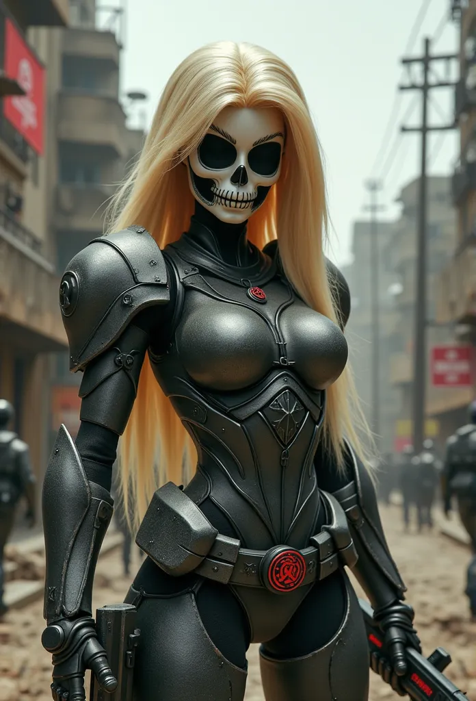 blonde barbie, cute, girly, skull mask, armor, army, holding weapon, thedeathsquad