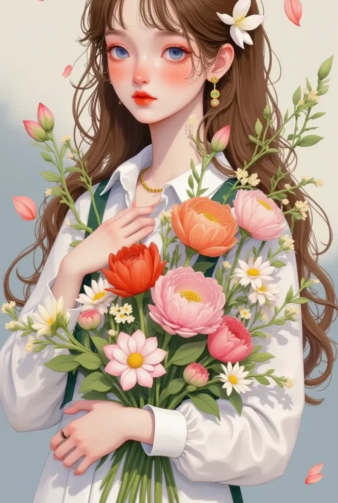 1girl,artist name,bangs,blue eyes,bouquet,braid,brown hair,camellia,daisy,earrings,eyelashes,flower,gradient,gradient background,grey background,holding,holding bouquet,holding flower,jewelry,leaf,lily (flower),lips,lipstick,long hair,long sleeves,looking ...