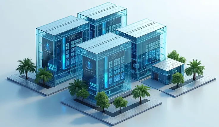  isometric glass crypto farm,  modern glass building , lots of servers in building 