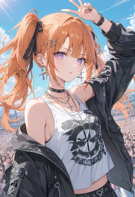  一人のwoman,  peace sign,pastel, beautiful face,anger, Orange hair, twin tails,Purple Eyes, cross necklace , earrings for a woman alone,punk rock outfit, black jacket ,The background is blue sky, The light shines ,woman&#39;s back, masterpiece, best quality,...