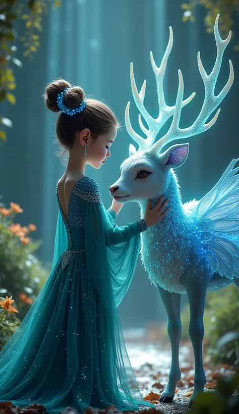 
A young elf girl with a human-like face and distinct pointed elf ears, reminiscent of the child version of Maleficent. Her hair is styled into two intricate buns adorned with glowing blue crystals. She wears a stunning dress made of ethereal fabric in dee...