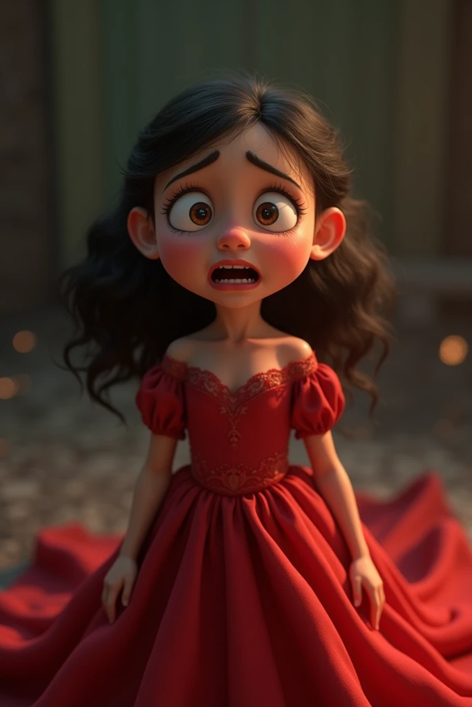 A 3d pixar style a girl crying  with  expressive ,scared and scary eyes,wearing a red gown